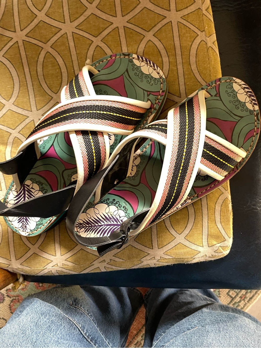 Marni Wedge Sandals with Green & Pink Patterned Footbed